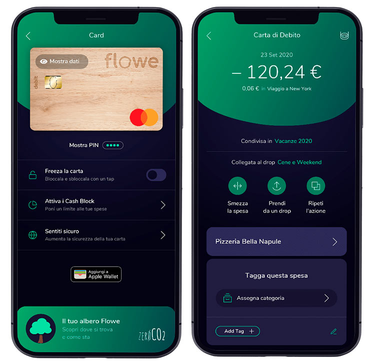 la carta conto Flowe e l'app per smartphone